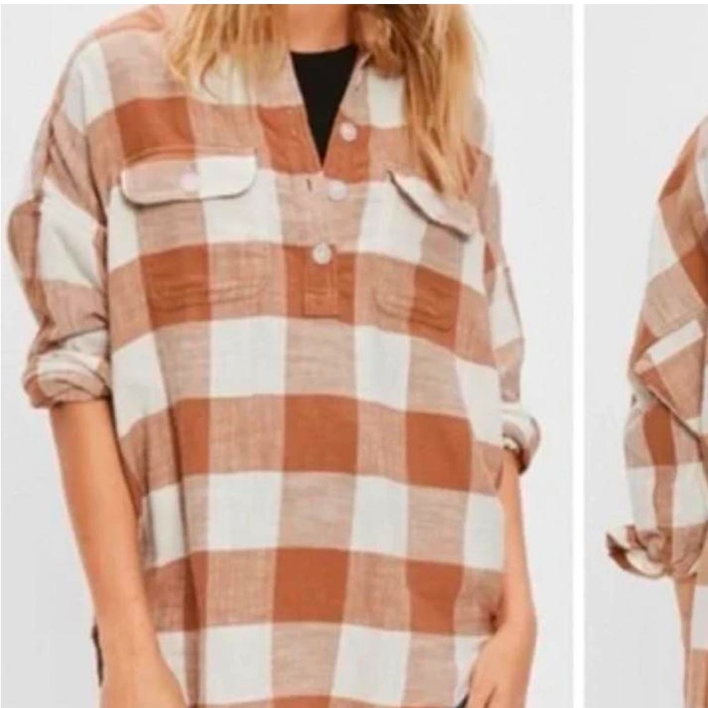 American Eagle Women's Quarter Button Plaid Tunic Buffalo Check Plaid Brown